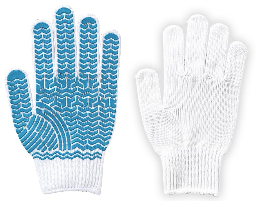 編み手袋に手の平の動きを考慮したライン状の天然ゴムを配置したすべり止め手袋です。